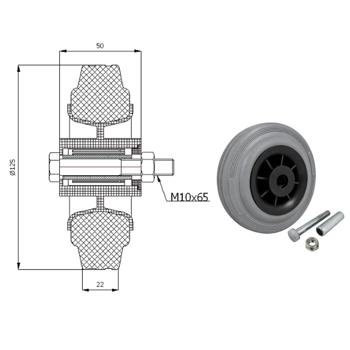 Kunststoff-Gummirrad Ø 125 mm Industrie Gummirad mit Montagesatz Code: 21TSX