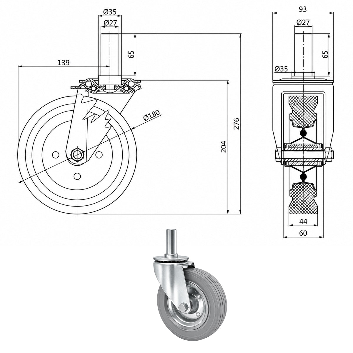 Metall-Gummiräder mit Befestigungsstift Lenkrollen  Ø180 mm Code: 54S*27