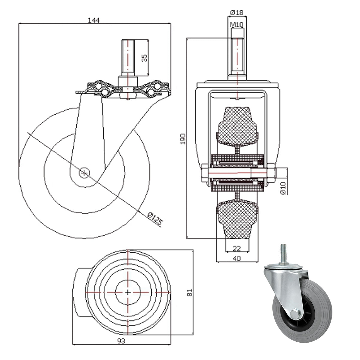 Kunststoff-Gummiräder mit Befestigungsstift Lenkrollen Ø125 mm Code: 24MTS*M10