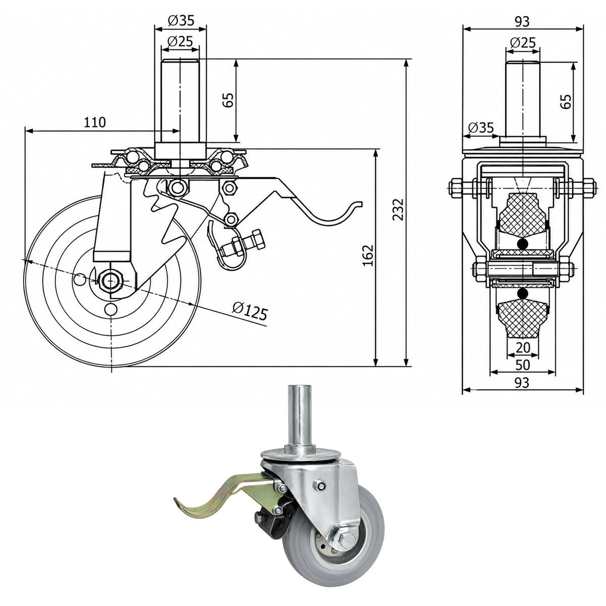 Metall-Gummiräder mit Befestigungsstift und Bremse Lenkrollen  Ø125 mm Code: 26SH*25