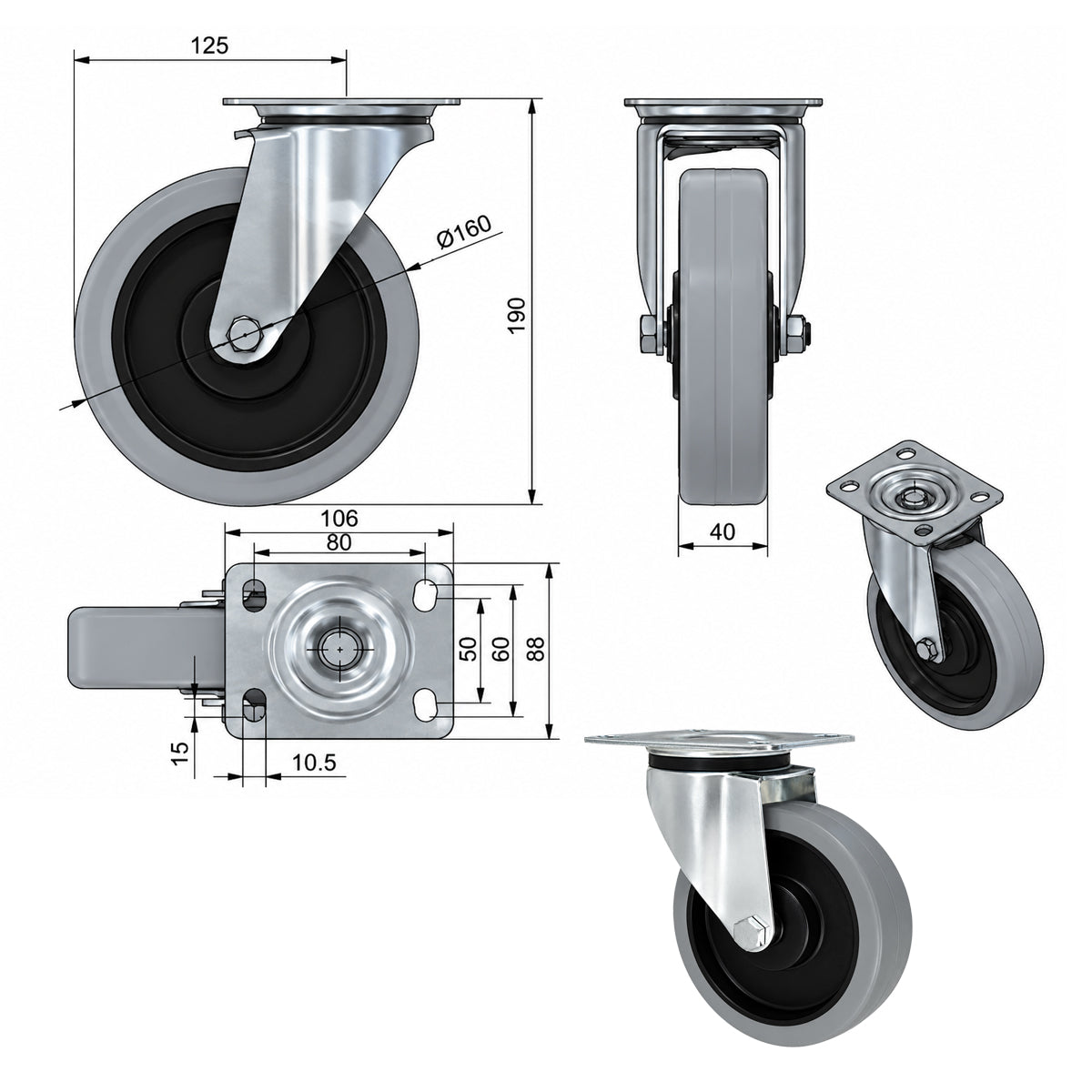 Polypropylen-Polyurethan-Rad  mit schwenkbarem Gehäuse für Transportwagen und Industrieanwendungen Ø160 mm Code: 42MPPU9