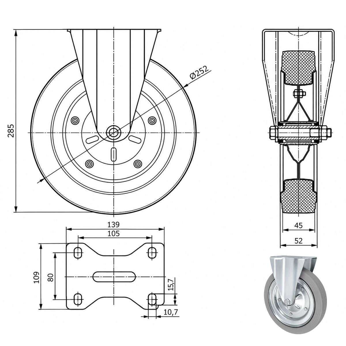 Metall-Gummiräder mit Platte Bockrolle Ø250 mm mit Platte Code: 93S