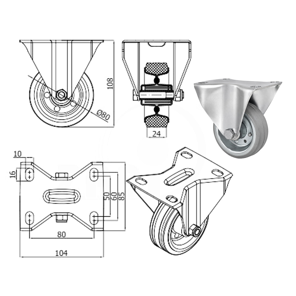 Metall-Gummiräder mit Platte Bockrolle Ø80 mm mit Platte Code: 4S