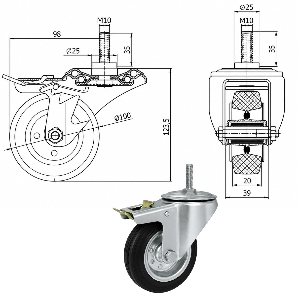 Metall-Gummiräder mit Befestigungsstift und Bremse Lenkrollen  Ø100 mm Code: 16H*M10
