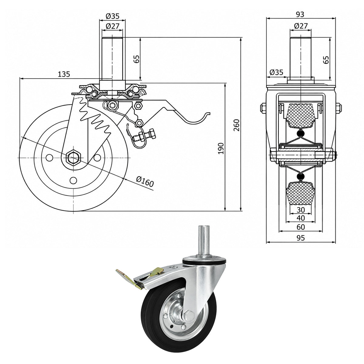 Metall-Gummiräder mit Befestigungsstift und Bremse Lenkrollen  Ø160 mm Code: 46H*27