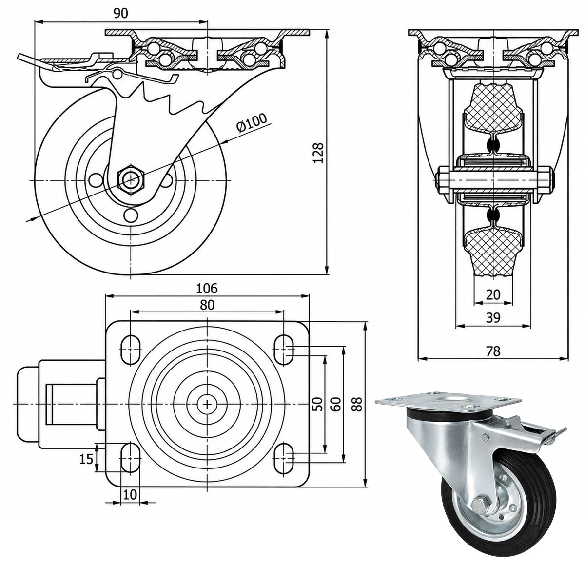 Metall-Gummiräder mit Befestigungsplatte und Bremse Lenkrolle Ø100 mm Code: 15H