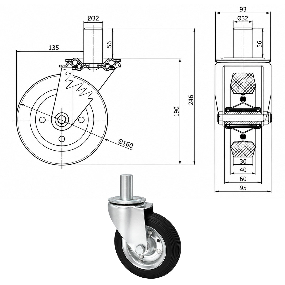 Metall-Gummiräder mit Befestigungsstift Lenkrollen Lenkrollen Ø160 mm Code: 44*32