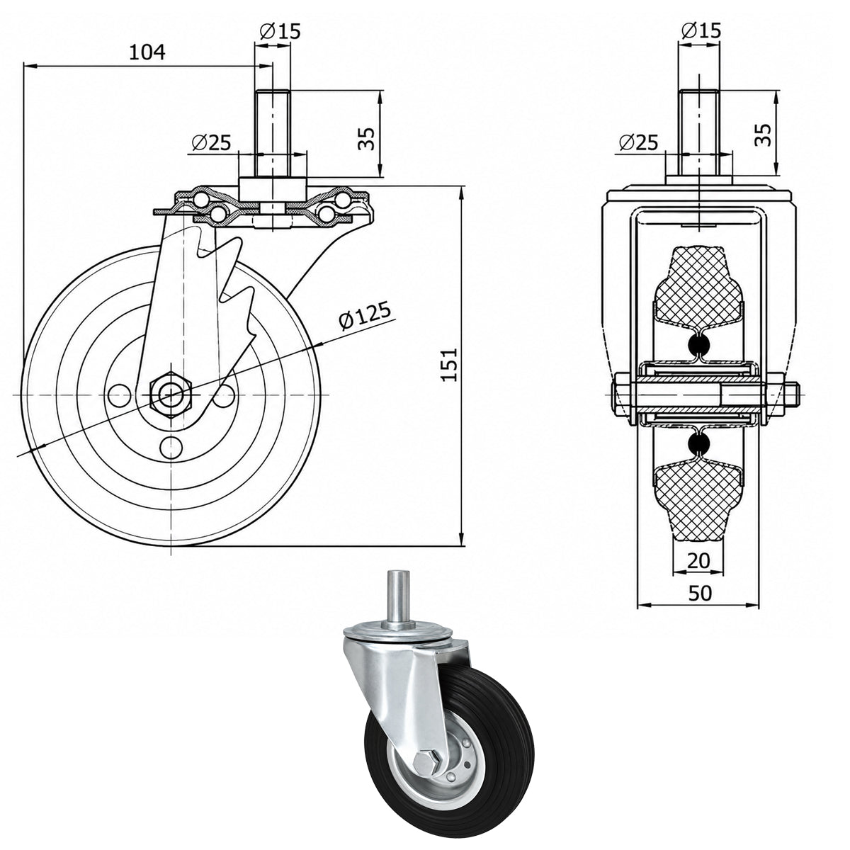 Metall-Gummiräder mit Befestigungsstift Lenkrollen Lenkrollen Ø125 mm Code: 24M*15