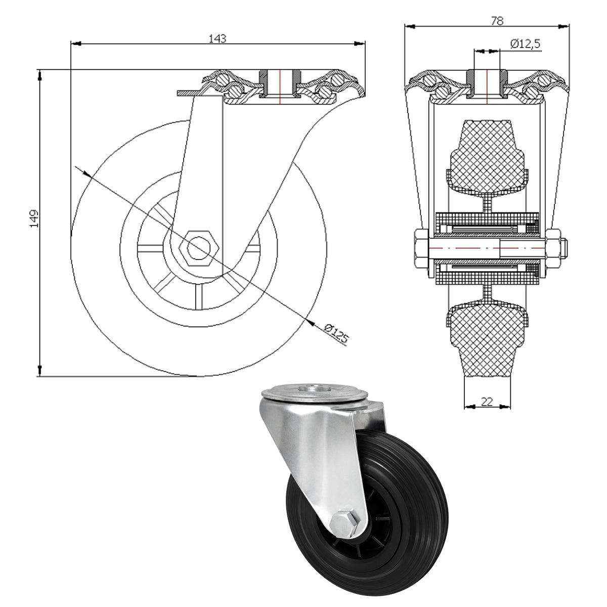 Kunststoff-Gummiräder mit Befestigungsstift mit Zentralbohrung Ø125 mm Code: 27MT