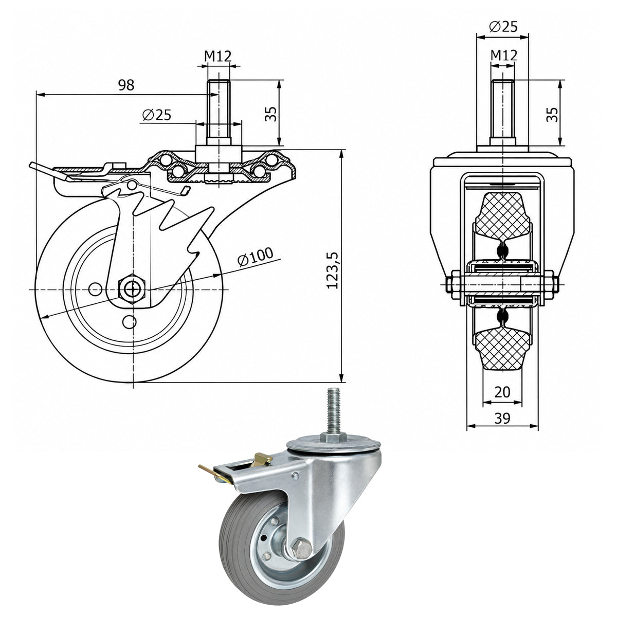 Metall-Gummiräder mit Befestigungsstift und Bremse Lenkrollen  Ø100 mm Code: 16SH*M12