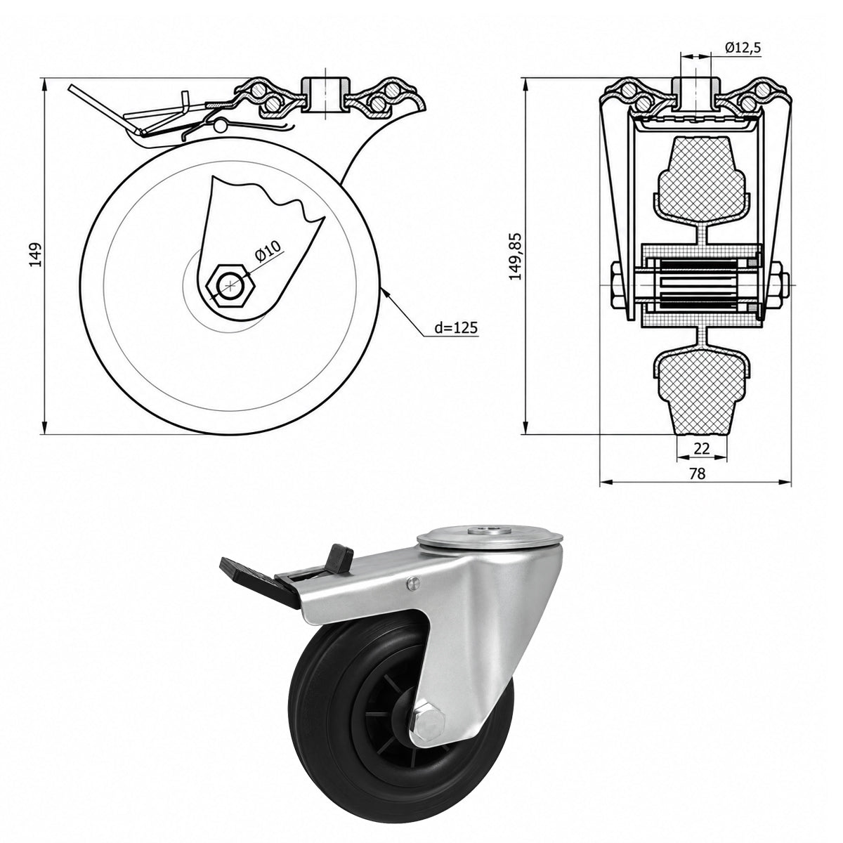 Kunststoff-Gummiräder mit Befestigungsstift mit Zentralbohrung und Bremse Ø125 mm Code: 27MT9H