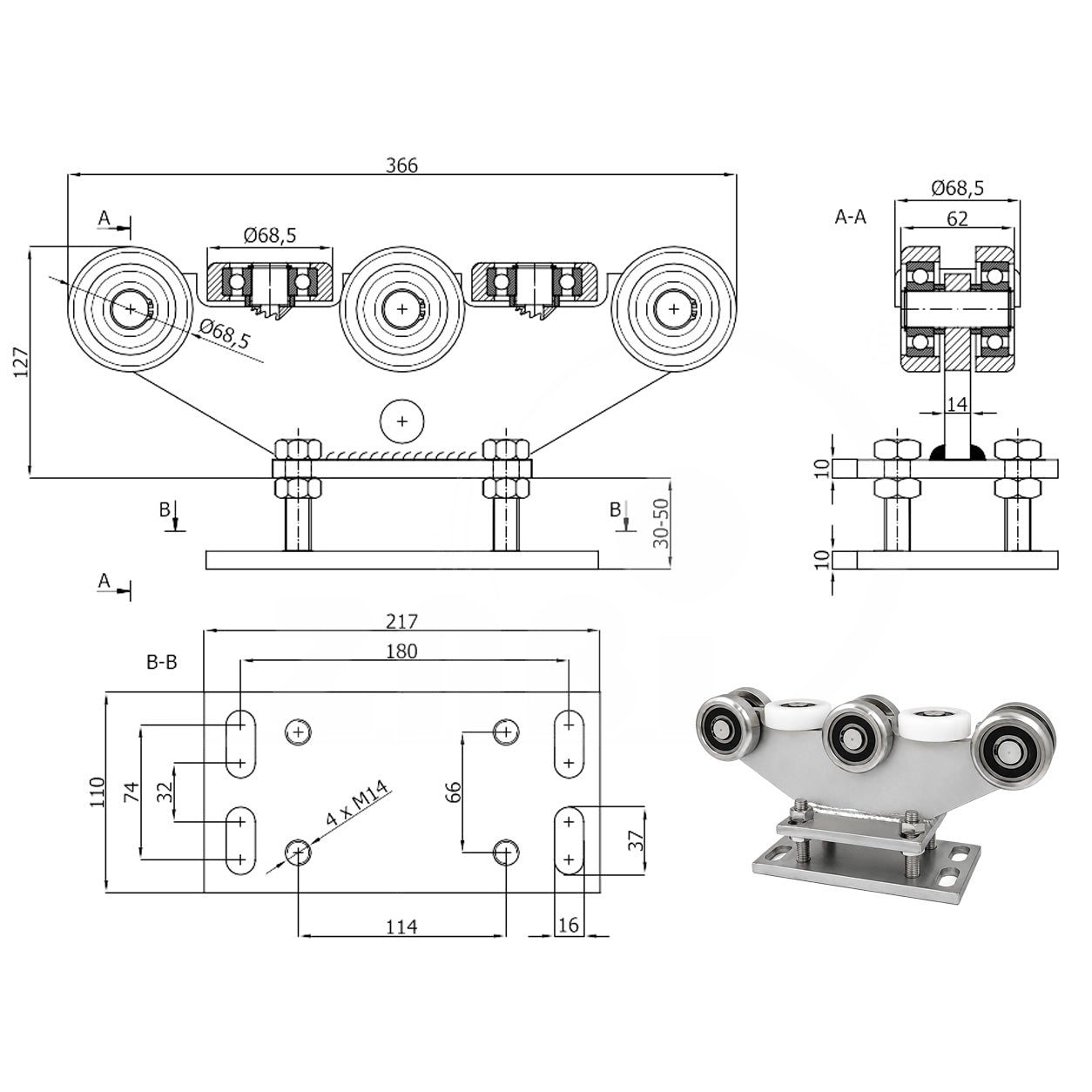 Torwagen für Schiebetore - für Profile 80 x 80 mm - Wandstärke 5 mm: R-8M-80