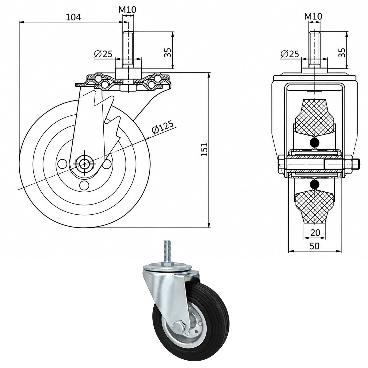 Metall-Gummiräder mit Befestigungsstift Lenkrollen Lenkrollen Ø125 mm Code: 24M*M10
