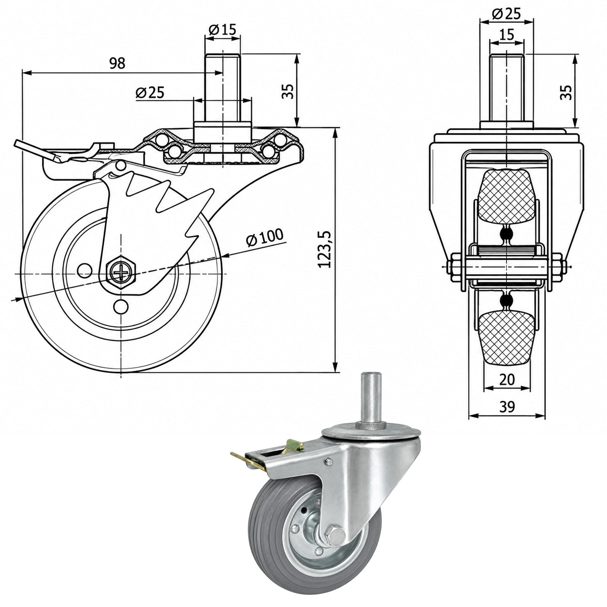 Metall-Gummiräder mit Befestigungsstift und Bremse Lenkrollen  Ø100 mm Code: 16SH*15