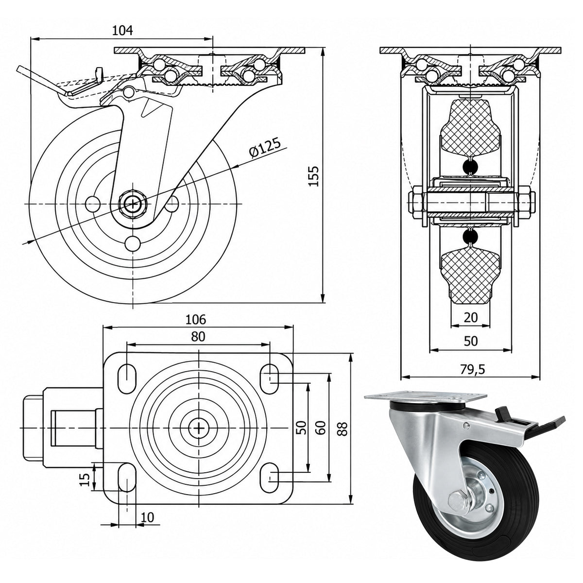 Metall-Gummiräder mit Befestigungsplatte und Bremse Lenkrolle Ø125 mm Code: 25MH