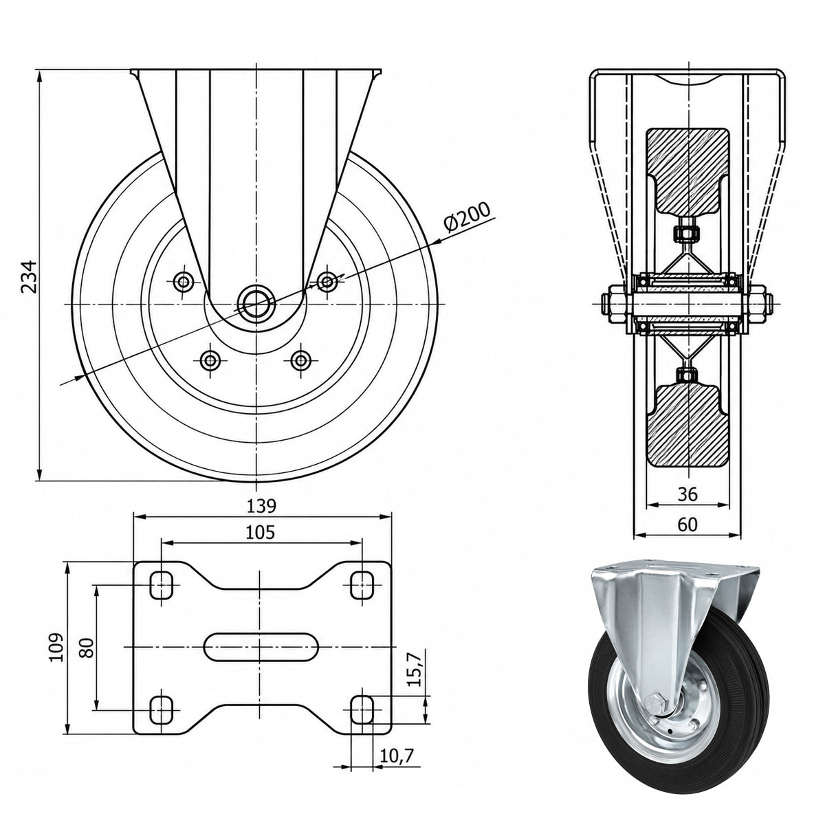 Metall-Gummiräder mit Platte Bockrolle Ø200 mm mit Platte Code: 63N