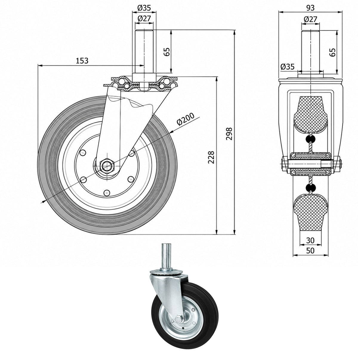Metall-Gummiräder mit Befestigungsstift Lenkrollen  Ø200 mm Code: 64*27