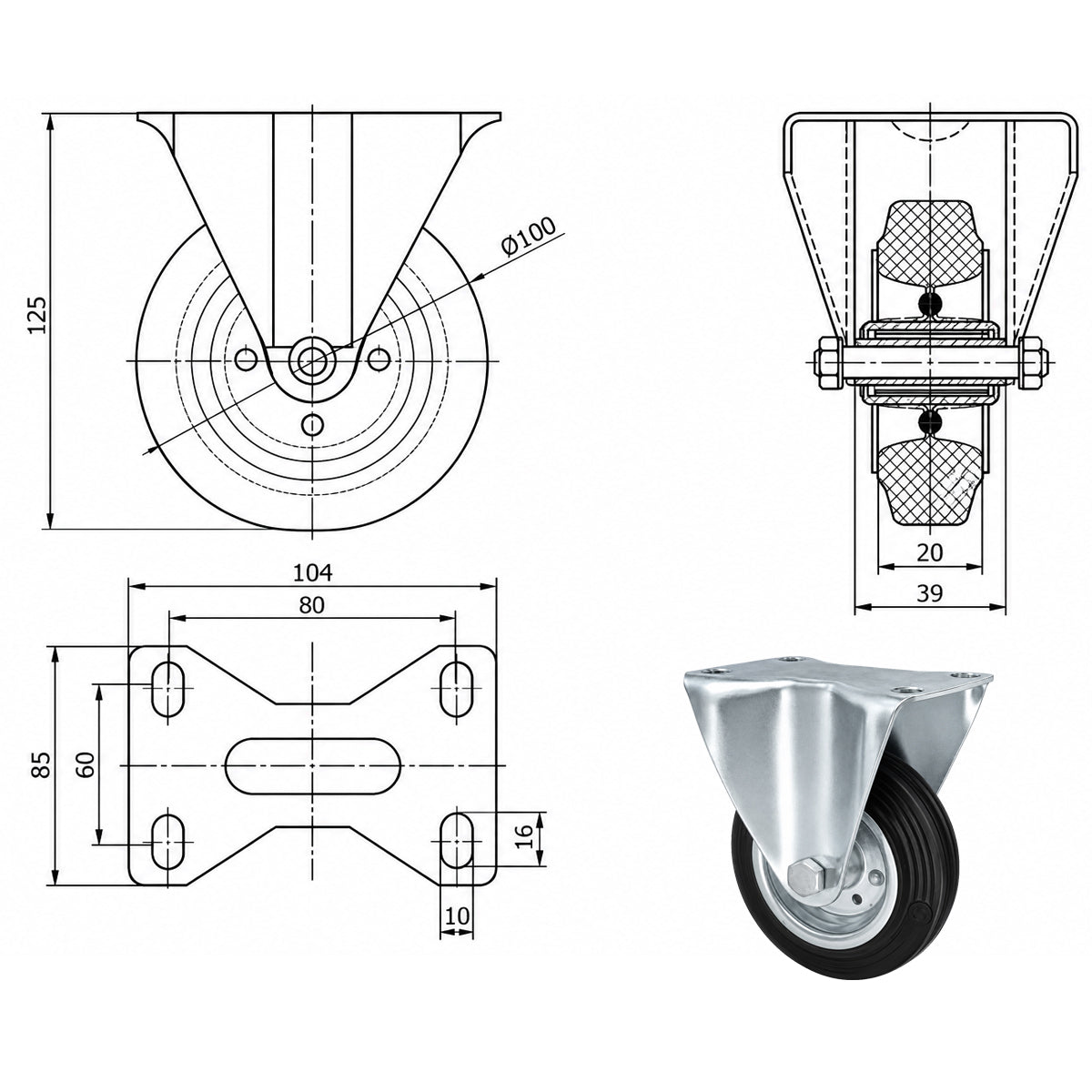 Metall-Gummiräder mit Platte Bockrolle Ø100 mm mit Platte Code: 13