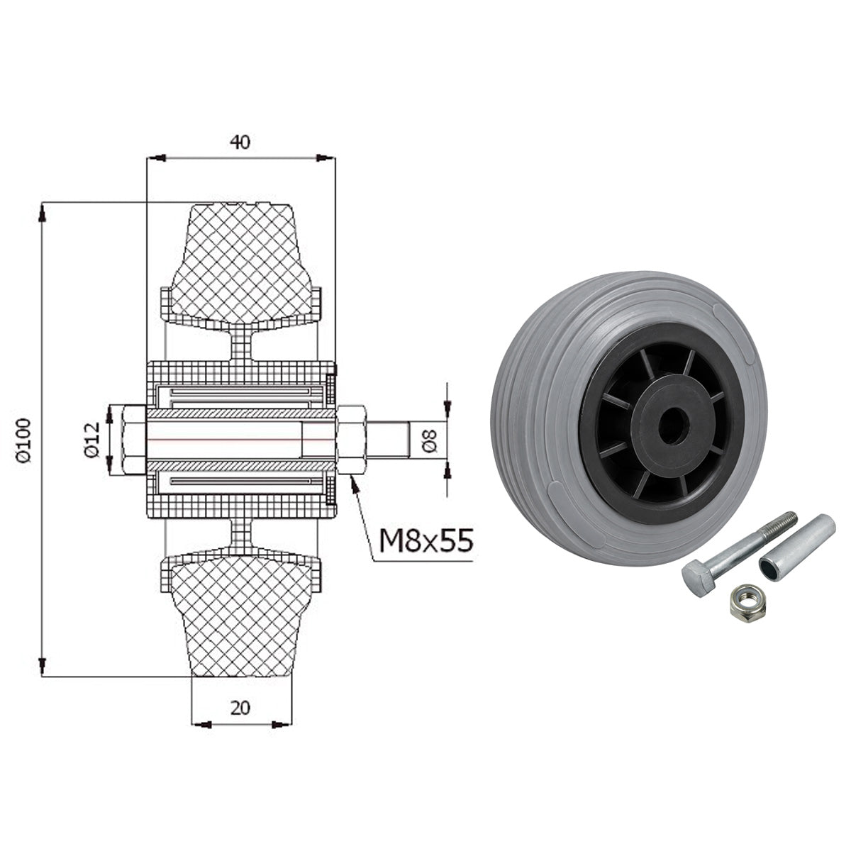 Kunststoff-Gummirrad Ø 100 mm Industrie Gummirad mit Montagesatz Code: 11TS