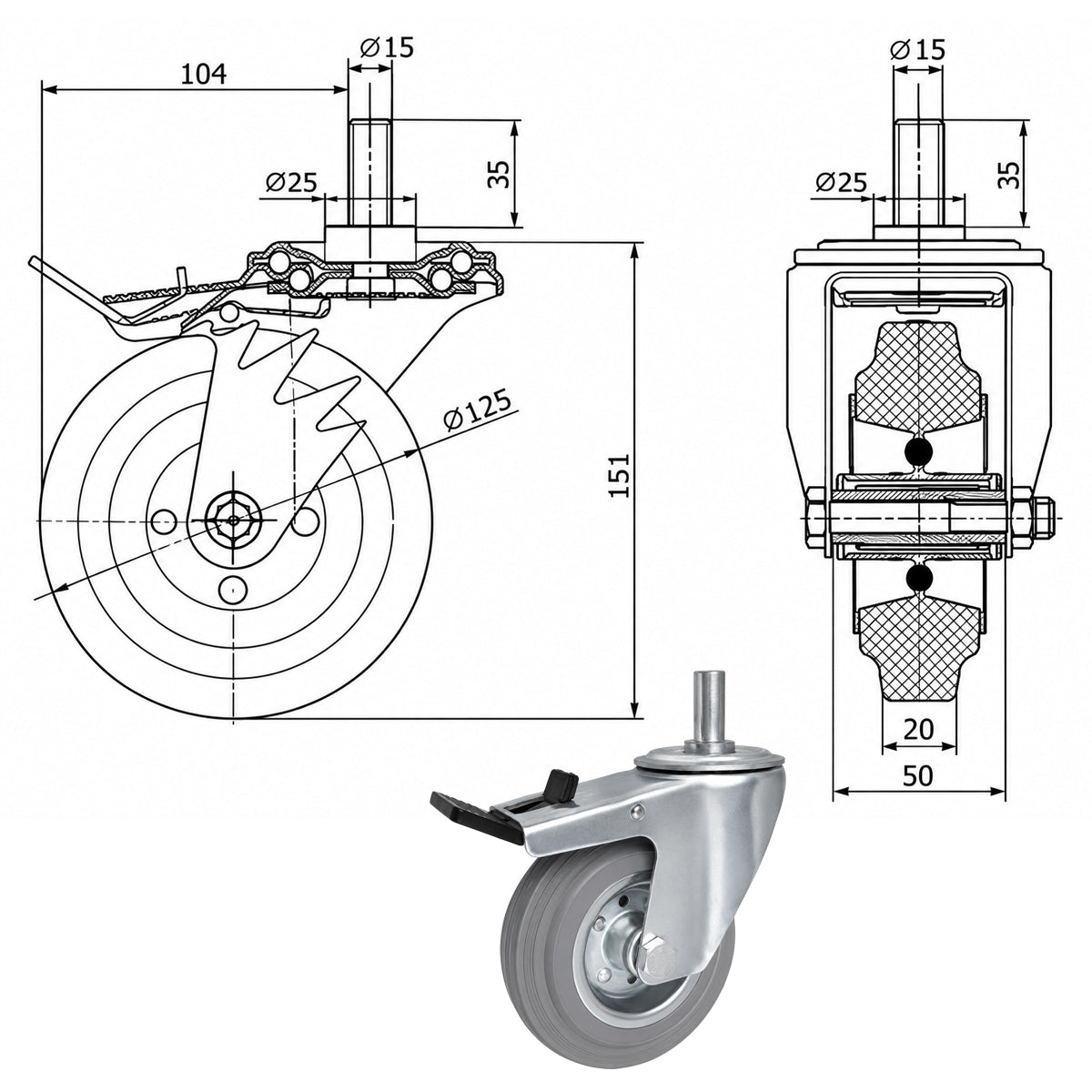 Metall-Gummiräder mit Befestigungsstift und Bremse Lenkrollen  Ø125 mm Code: 26MSH*15