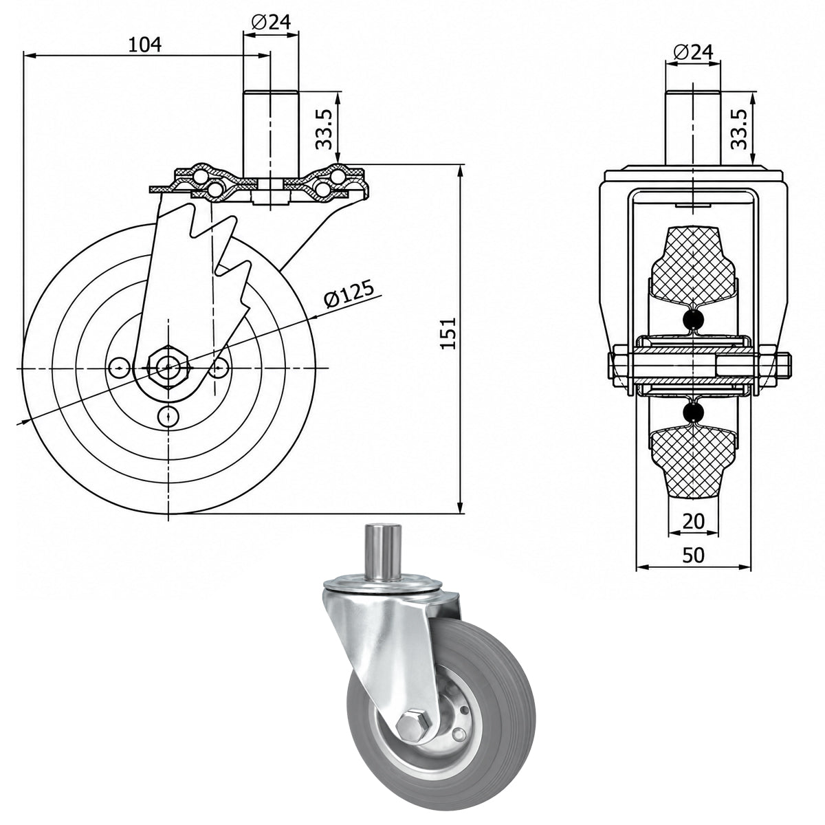Metall-Gummiräder mit Befestigungsstift Lenkrollen Lenkrollen Ø125 mm Code: 24MS*24