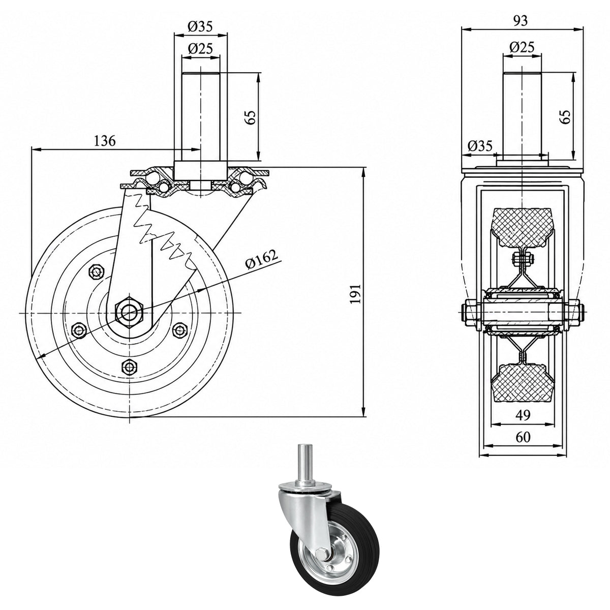 Metall-Gummiräder mit Befestigungsstift Lenkrollen Lenkrollen Ø160 mm Code: 44N*25