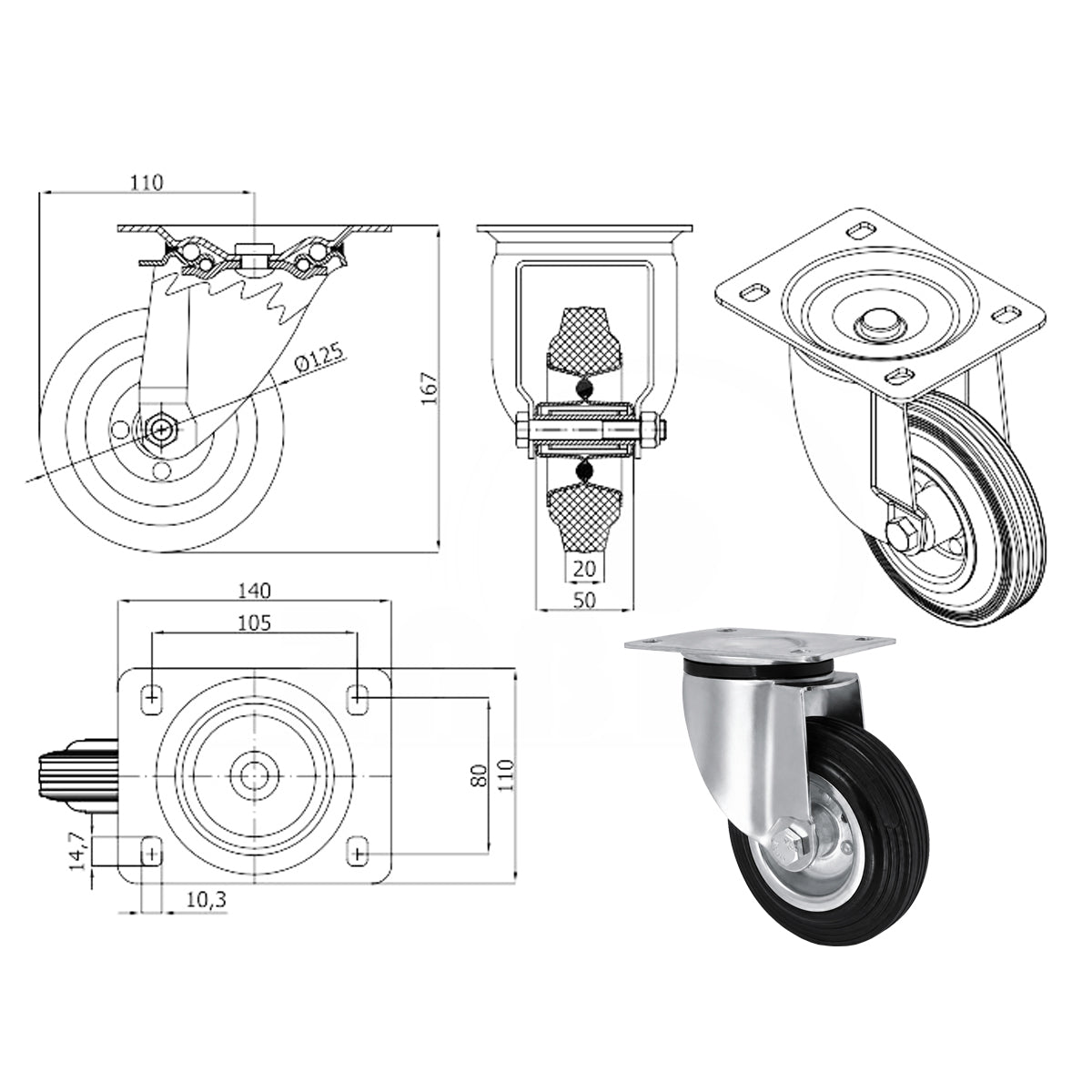 Metall-Gummiräder mit Befestigungsplatte Lenkrolle Ø125 mm mit Platte Code: 22