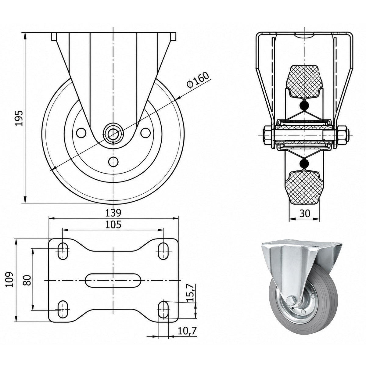 Metall-Gummiräder mit Platte Bockrolle Ø160 mm mit Platte Code: 43S
