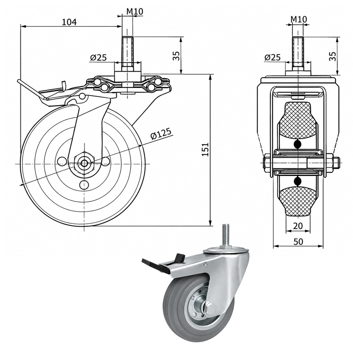 Metall-Gummiräder mit Befestigungsstift und Bremse Lenkrollen  Ø125 mm Code: 26MSH*M10