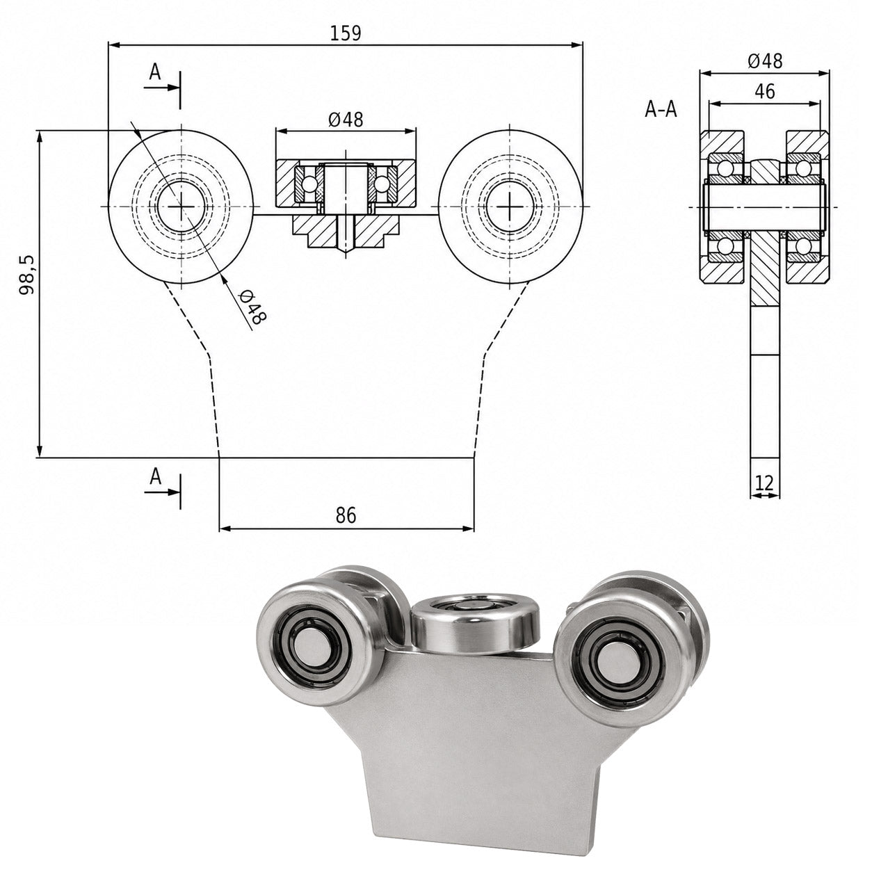 Torwagen für Schiebetore bis 180 °C – für Profile 60 × 60 mm – Wandstärke 4 mm: G-5MM-60/4E