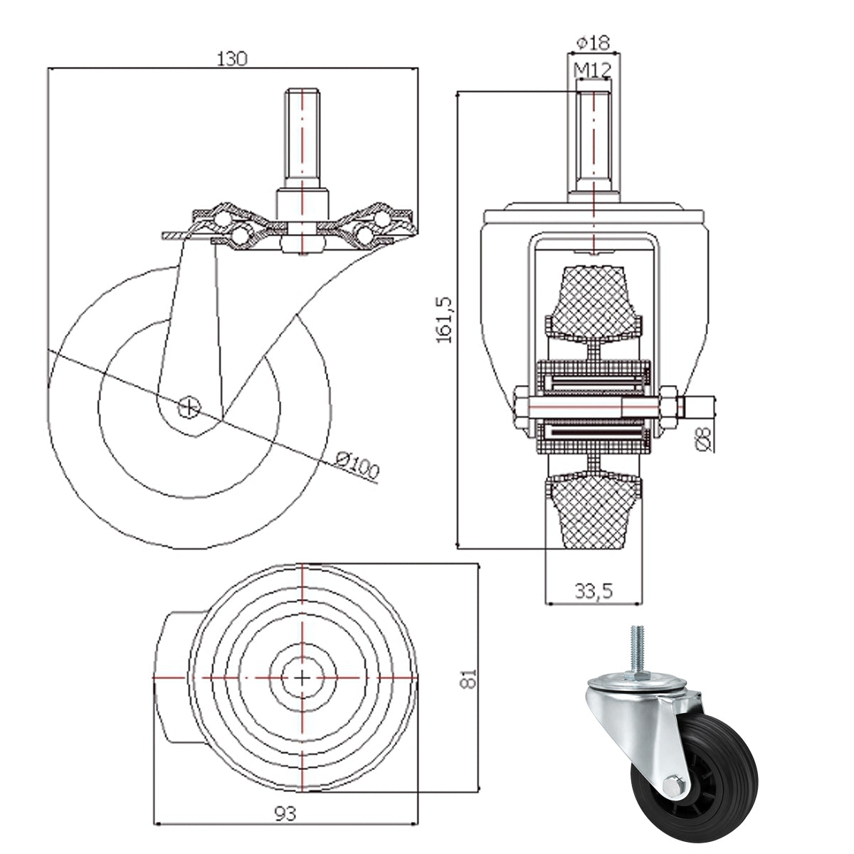 Kunststoff-Gummiräder mit Befestigungsstift Lenkrollen Ø100 mm Code: 14T9*M12