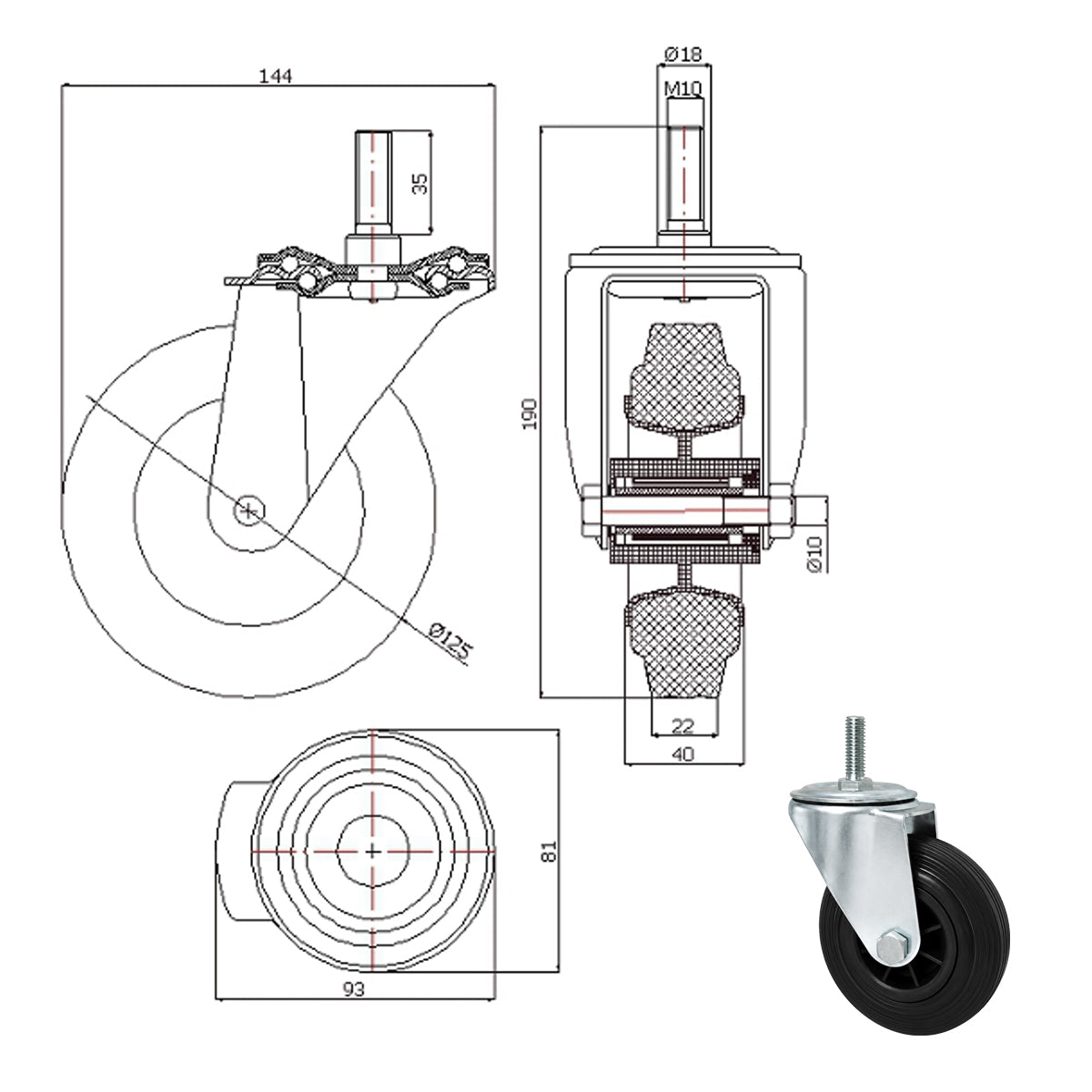 Kunststoff-Gummiräder mit Befestigungsstift Lenkrollen Ø125 mm Code: 24MT*M10