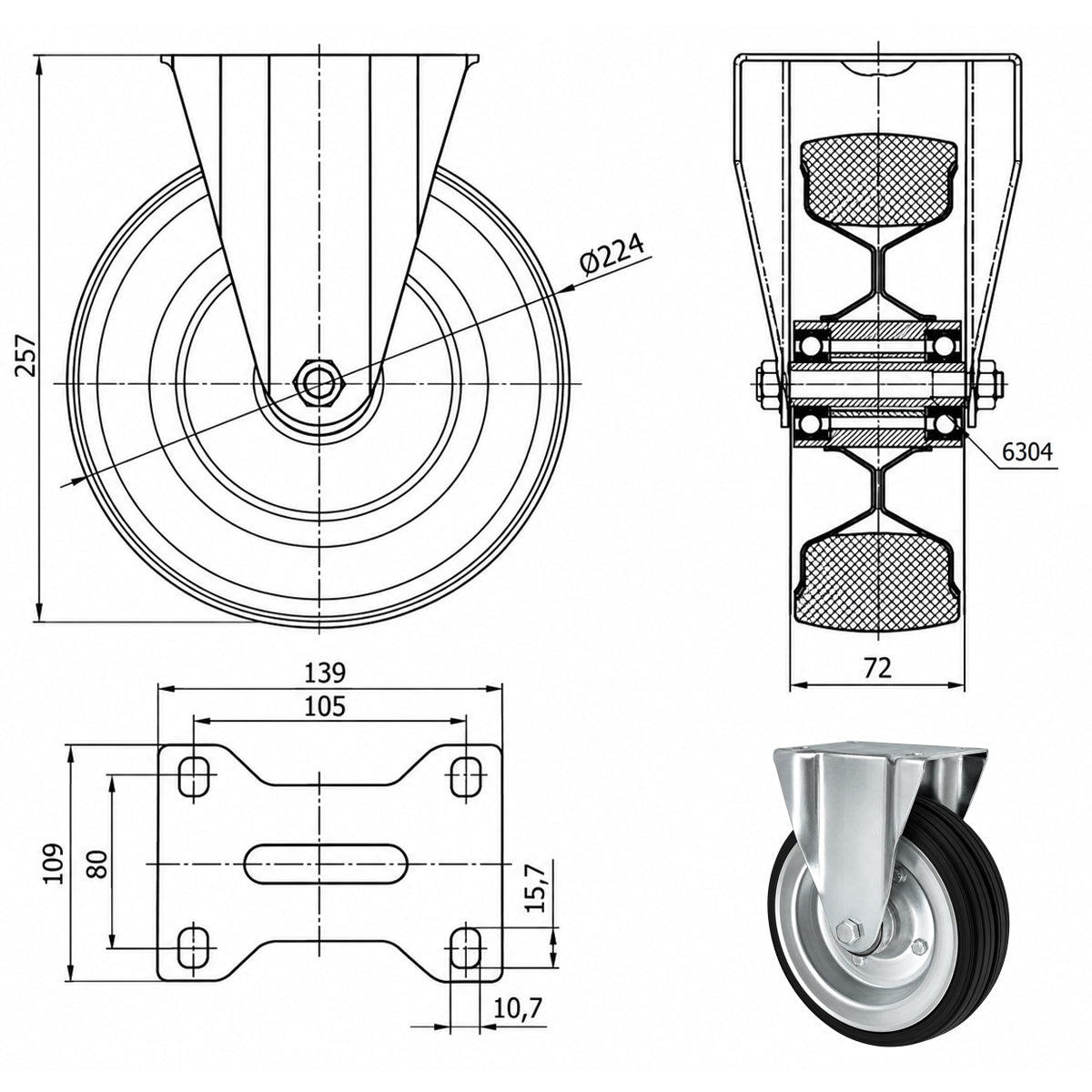 Metall-Gummiräder mit Platte Bockrolle Ø225 mm mit Platte Code: 83L