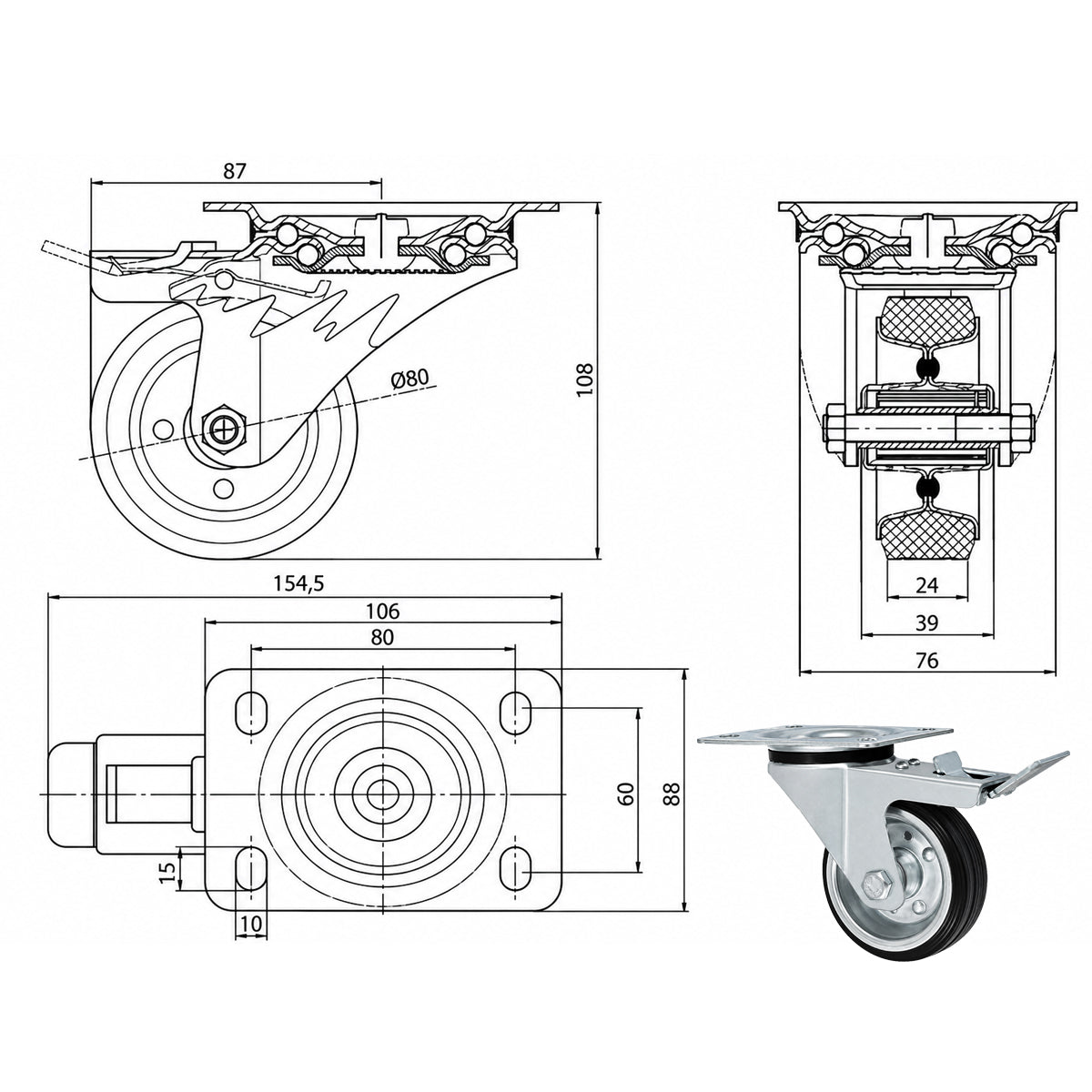 Metall-Gummiräder mit Befestigungsplatte und Bremse  Lenkrolle Ø80 mm Code: 6H