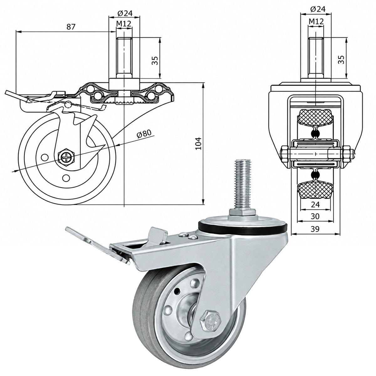 Metall-Gummiräder mit Befestigungsstift und Bremse Lenkrollen  Ø80 mm Code: 7SH*M12