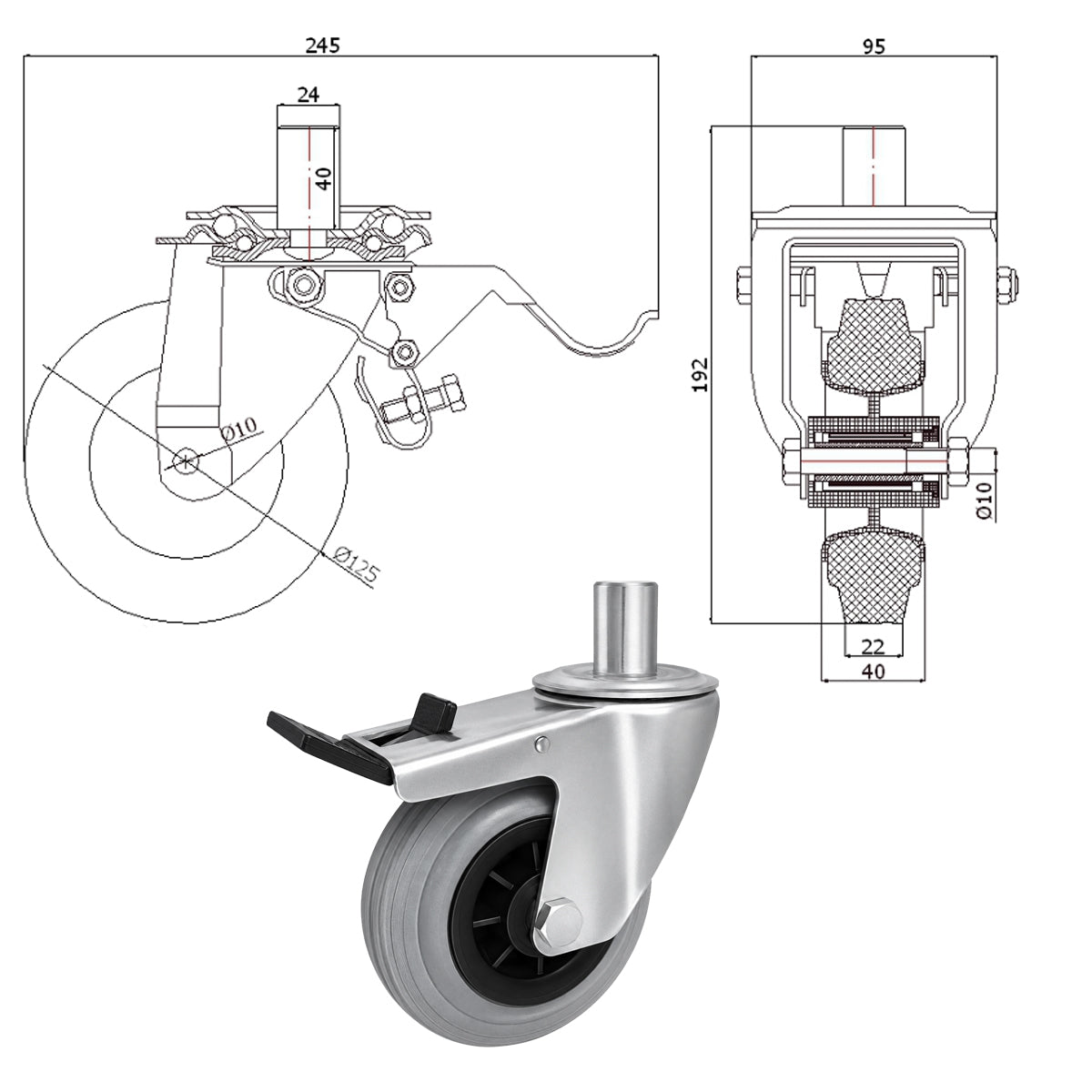 Kunststoff-Gummiräder mit Befestigungsstift und Bremse Lenkrollen  Ø125 mm Code: 26MTSH*24