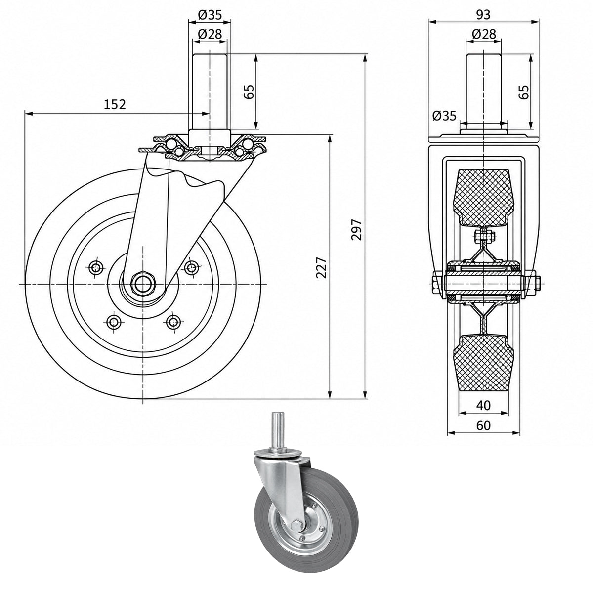 Metall-Gummiräder mit Befestigungsstift Lenkrollen  Ø200 mm Code: 64NS*28