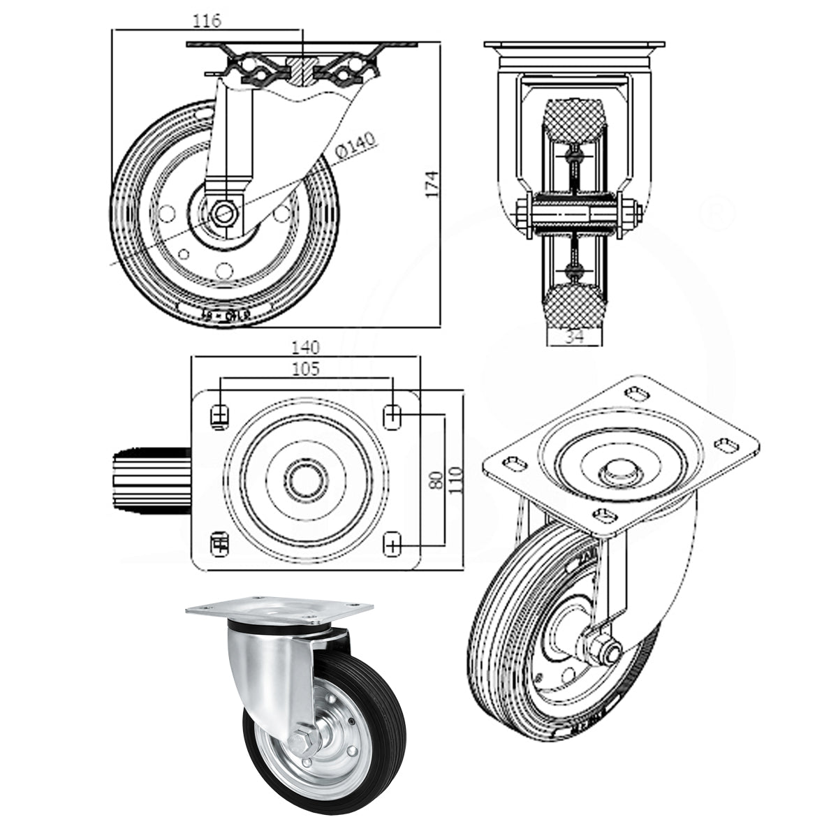 Metall-Gummiräder mit Befestigungsplatte Lenkrolle Ø140 mm mit Platte Code: 32