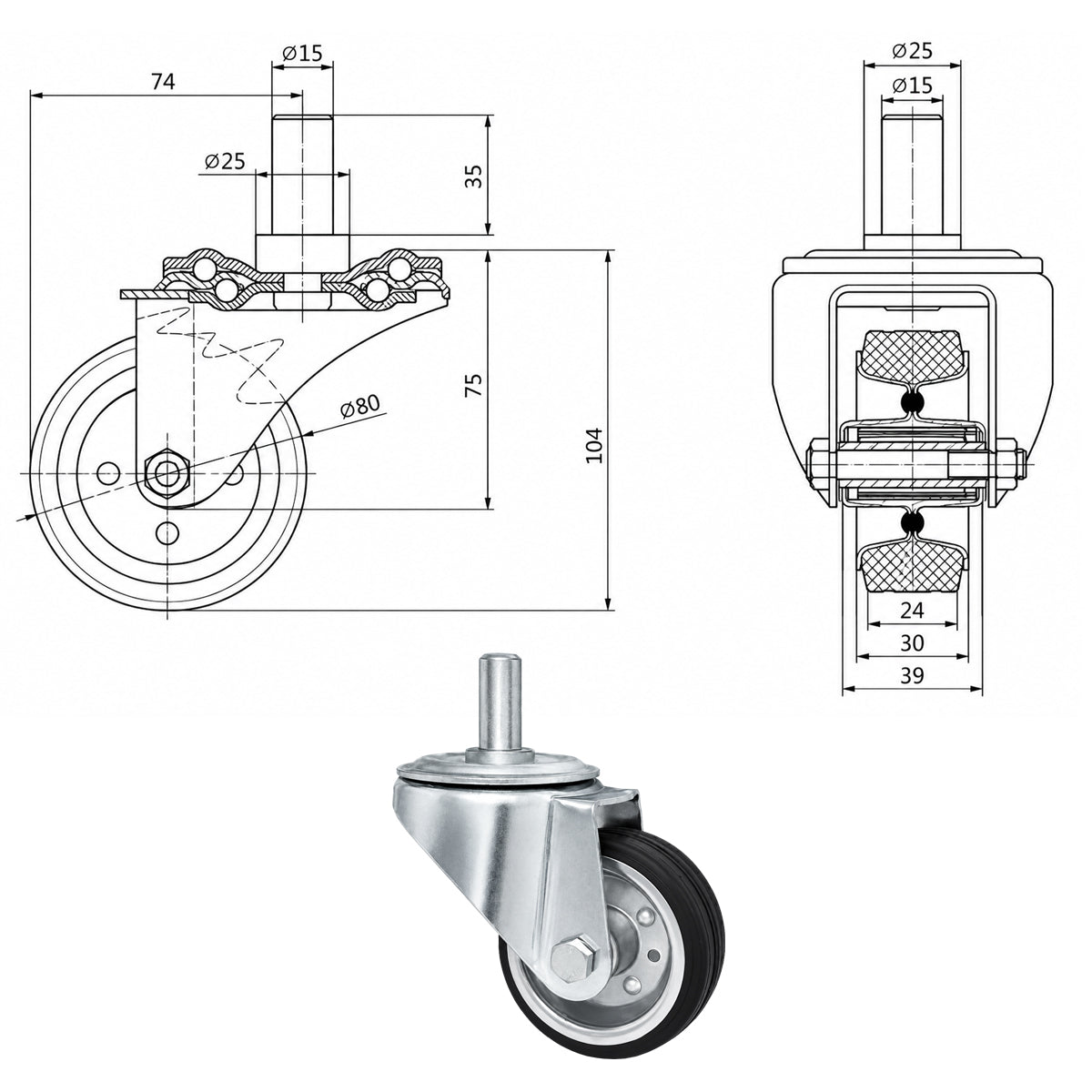 Metall-Gummiräder mit Befestigungsstift Lenkrollen Lenkrollen Ø80 mm Code: 5*15