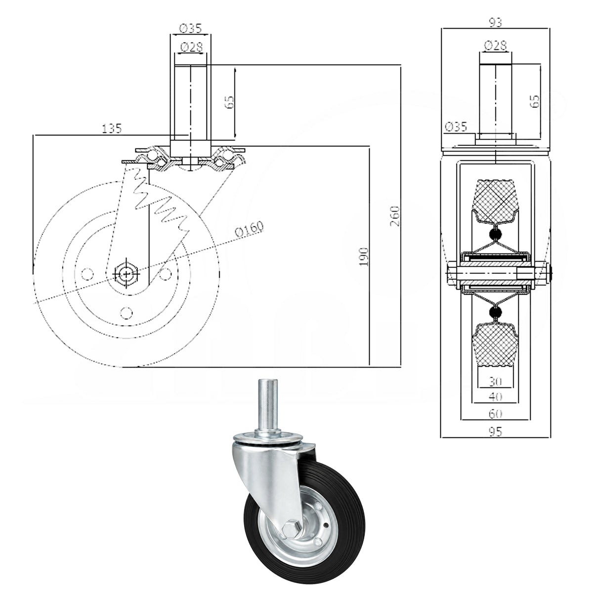 Metall-Gummiräder mit Befestigungsstift Lenkrollen Lenkrollen Ø160 mm Code: 44*28