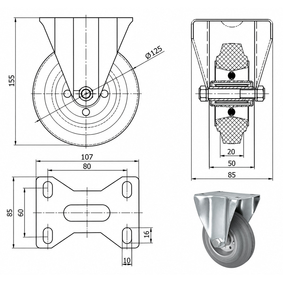 Metall-Gummiräder mit Platte Bockrolle Ø125 mm mit Platte Code: 23MS