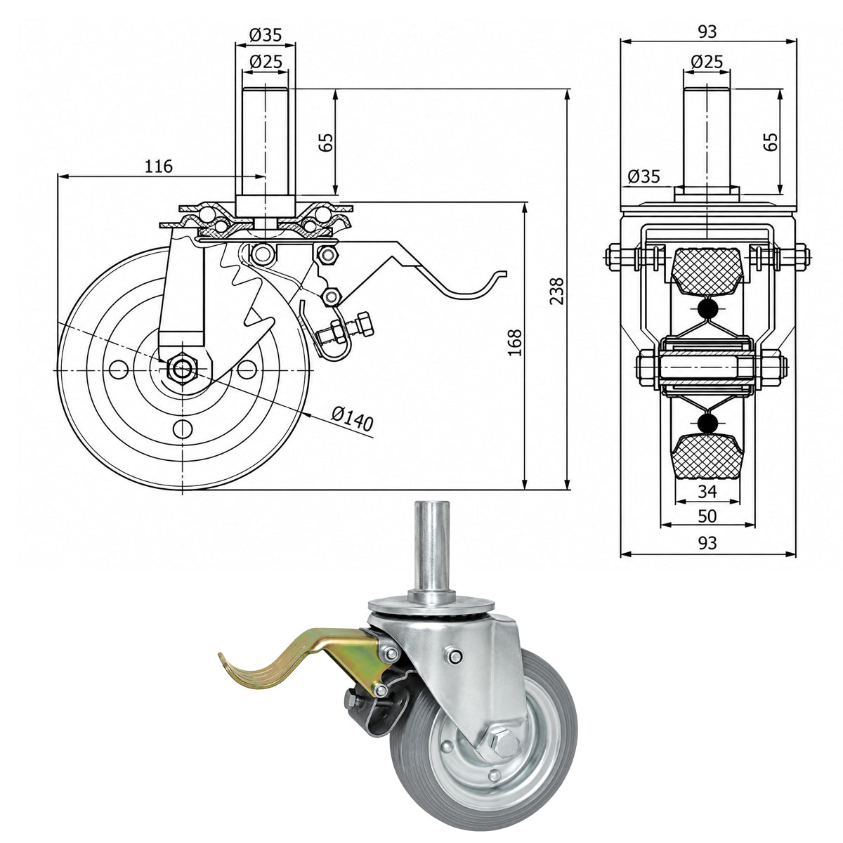 Metall-Gummiräder mit Befestigungsstift und Bremse Lenkrollen  Ø140 mm Code: 36SH*25