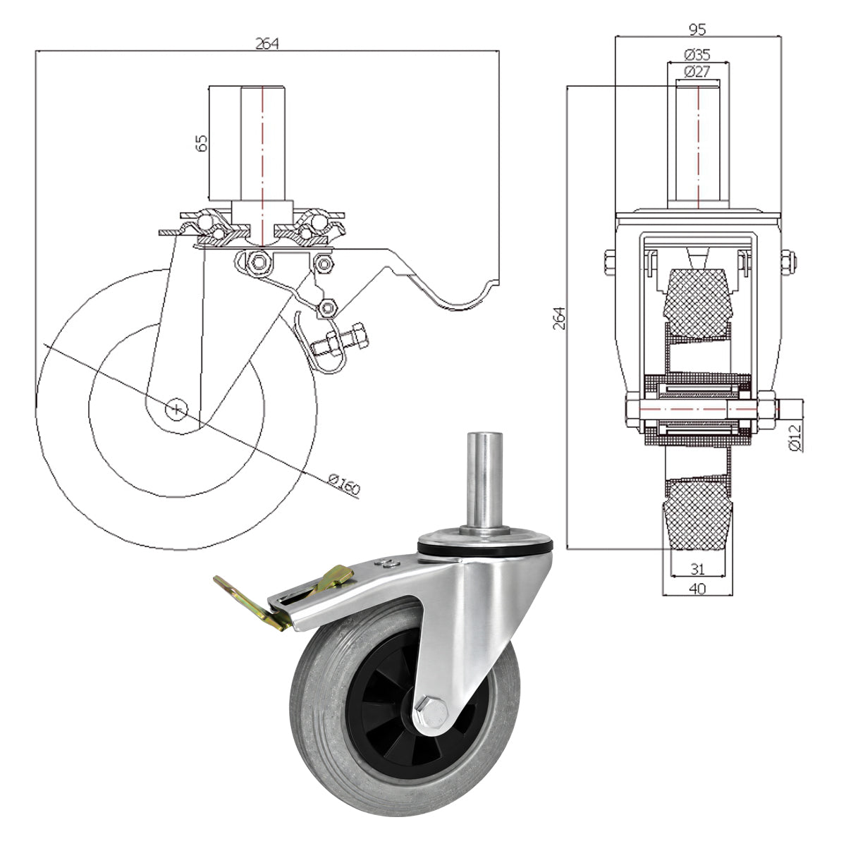 Kunststoff-Gummiräder mit Befestigungsstift und Bremse Lenkrollen  Ø160 mm Code: 46TSH*27