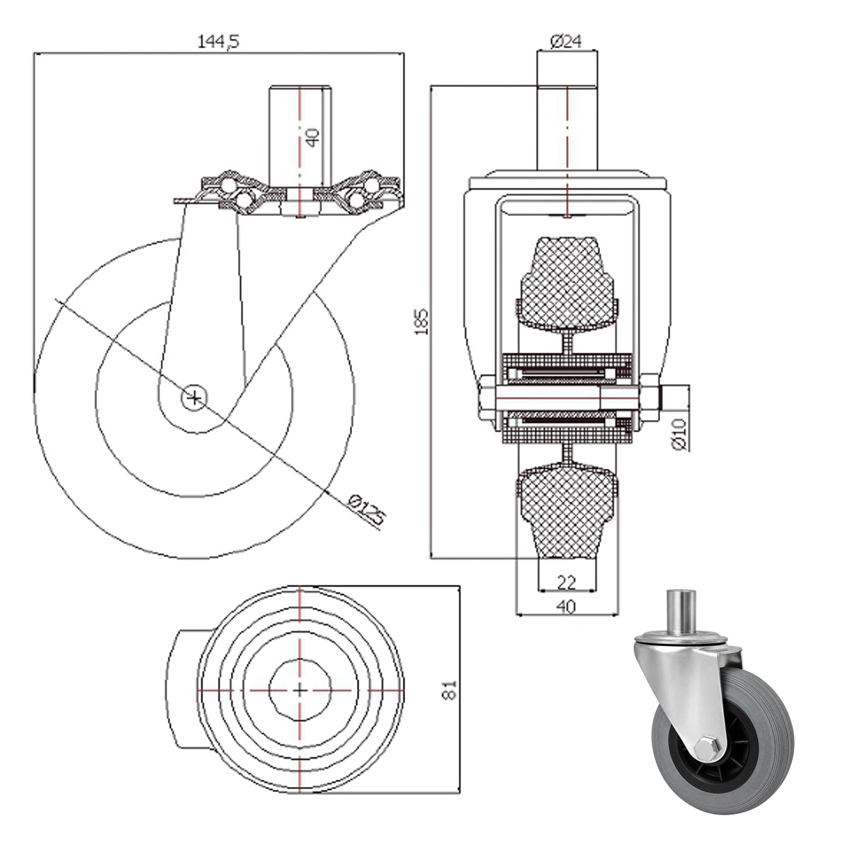 Kunststoff-Gummiräder mit Befestigungsstift Lenkrollen Ø125 mm Code: 24MTS9*24