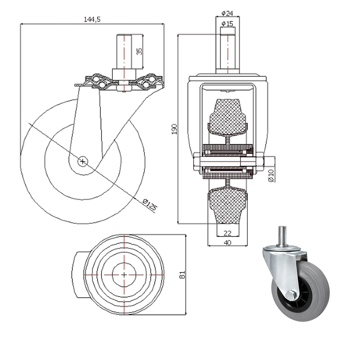 Kunststoff-Gummiräder mit Befestigungsstift Lenkrollen Ø125 mm Code: 24MTS9*15