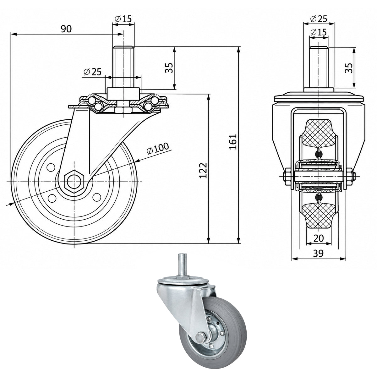 Metall-Gummiräder mit Befestigungsstift Lenkrollen Lenkrollen Ø100 mm Code: 14S*15