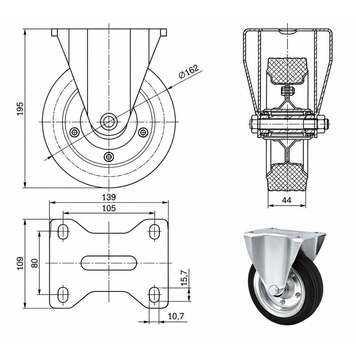 Metall-Gummiräder mit Platte Bockrolle Ø160 mm mit Platte Code: 43N