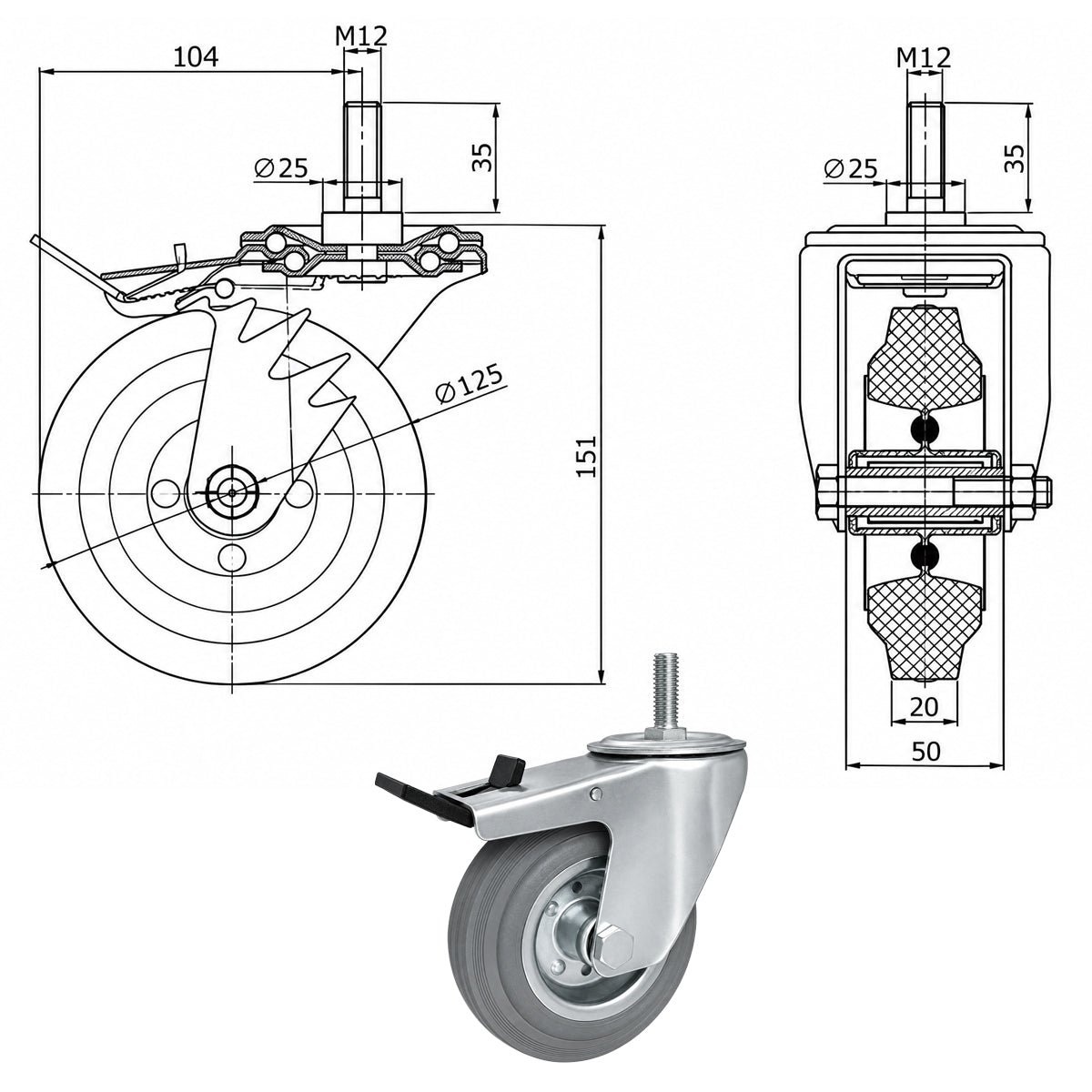 Metall-Gummiräder mit Befestigungsstift und Bremse Lenkrollen  Ø125 mm Code: 26MSH*M12