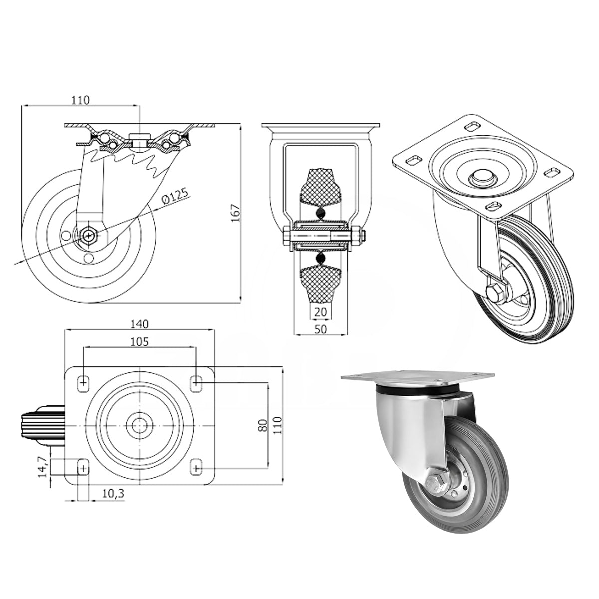 Metall-Gummiräder mit Befestigungsplatte Lenkrolle Ø125 mm mit Platte Code: 22S