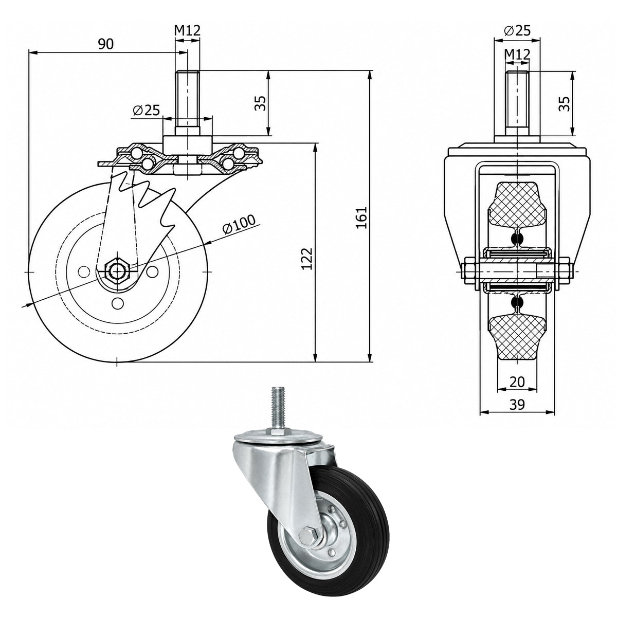 Metall-Gummiräder mit Befestigungsstift Lenkrollen Lenkrollen Ø100 mm Code: 14*M12